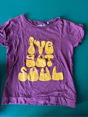 Imps & Elfs Purple Tee with Bold Yellow 'I've Got Soul' Graphic
